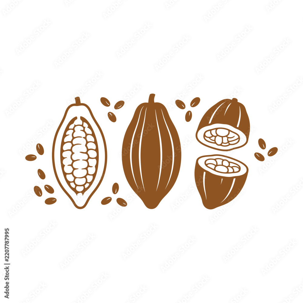Obraz premium Whole and sliced cacao pods with cocoa beans in a simple flat illustration style Vector