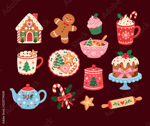 Set of Christmas Gingerbread House, Cookies, Mugs and Holiday Treats 