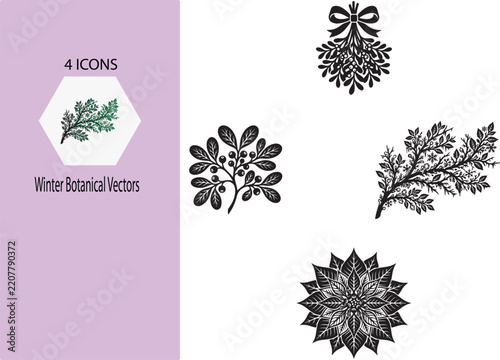 Christmas Botanical Icons Set, Black Silhouette Winter Floral Elements Vector Collection