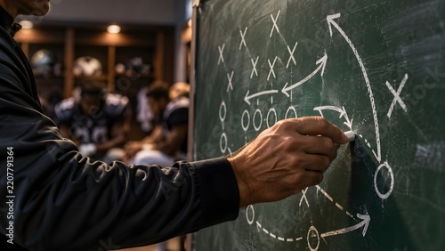 Coach Drawing Game Play Strategy with X and O Diagram on Chalkboard in Locker Room, Football Team Tactics Briefing with Players in Background