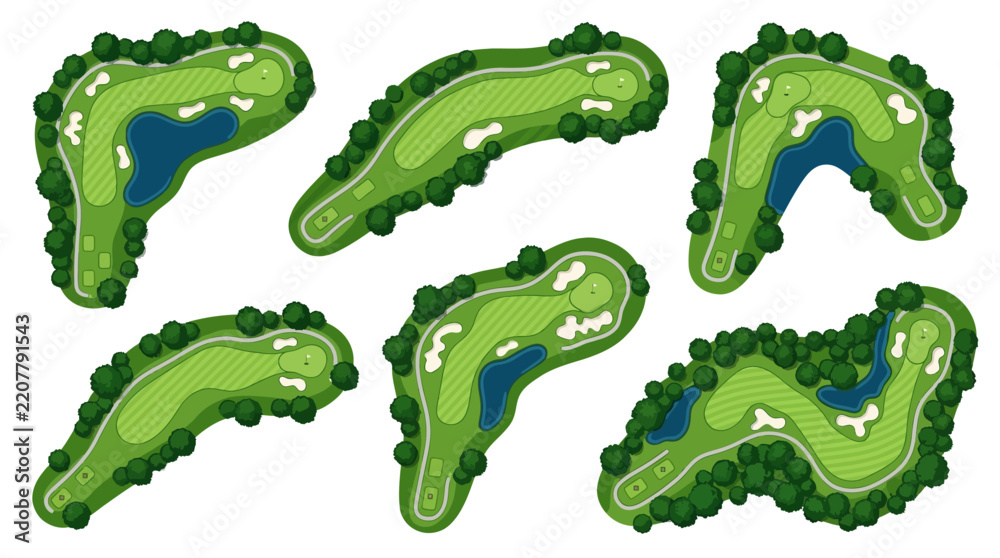 Obraz premium Vector illustration set of top view golf course holes with green grass, sand bunkers, and water hazards