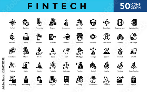FinTech icons set with banking, payments, finance, investment, lending, insurance, blockchain, cryptocurrency, digital banking icon. Simple glyph vector 
