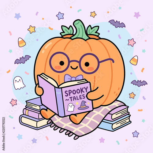 Cute Halloween pumpkin reading a spooky book on stacked books