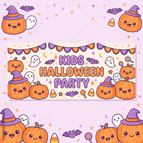 Cute Halloween Party Banner for Kids with Pumpkins and Ghosts