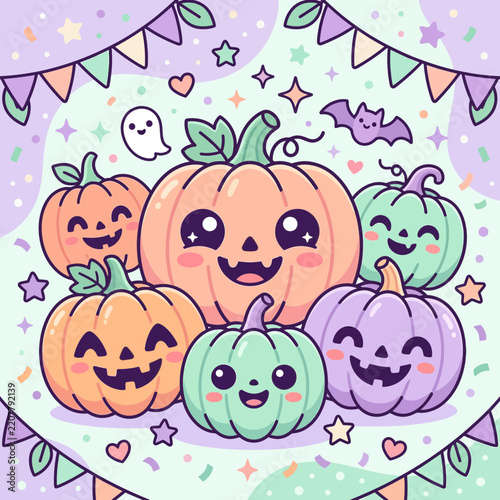 Cute Halloween Pumpkins, Bat, Ghost, Bunting Flags, Kawaii Style