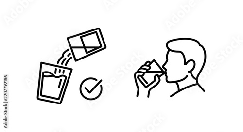 Icon set illustrating daily hydration check and person drinking water from a glass with hydration drinking wellness checkmark refreshment lifestyle beverage silhouette illustration
