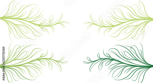 Elegant minimalist seamless pattern showing stylized green scroll ornaments resembling delicate feathers on white.