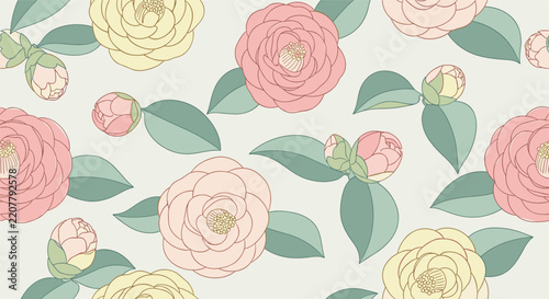 Vintage seamless pattern with beautiful pink and yellow camellia flowers and green leaves on a light background.