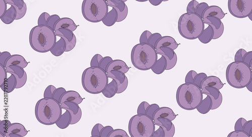 Delightful fresh fruit seamless pattern featuring sliced and whole ripe purple plums over a soft lilac background.