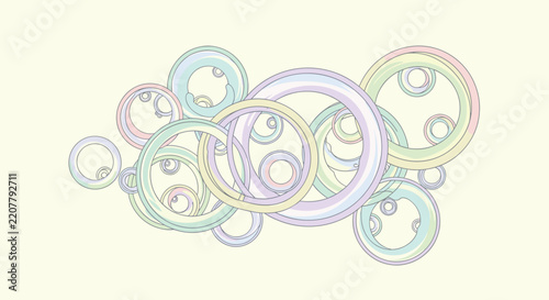 Pastel colored abstract overlapping ring cluster design over a soft pale yellow background for modern home decor.