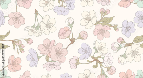 Classic elegant seamless wallpaper showing beautiful detailed cherry blossoms in pink and light blue on cream.