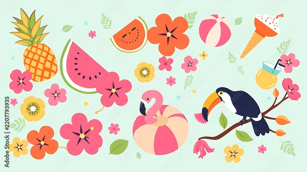 Obraz premium A collection of summer vacation featuring a toucan on a branch, watermelon slices, a pineapple, a flamingo float, and tropical flowers