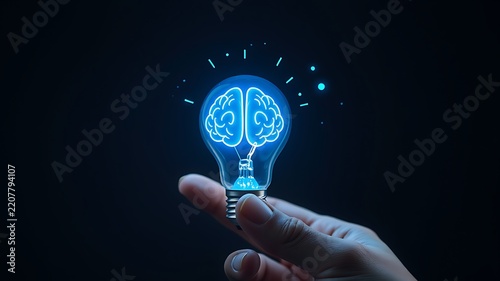 A human hand holding a glowing light bulb with a digital brain inside, representing ideas, intelligence, and innovation concepts