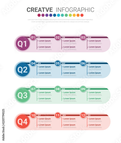 Infographic quarterly template for presentation 12 months in 4 quarter can be used for workflow layout, process diagram, flow chart.