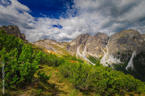 Mountain landscape with alpine vegetation and rugged peaks
