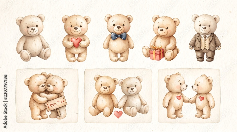 Obraz premium Watercolor teddy bears celebrating love and friendship with gifts and heart motifs on neutral background