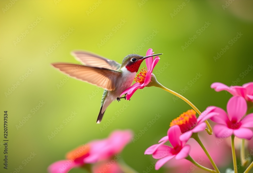 Obraz premium Hummingbird Feeding on Pink Flower in Garden