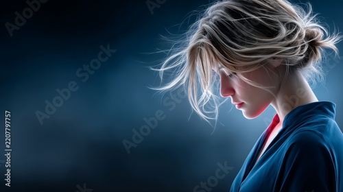Woman with tousled hair lost in thought in a dark space