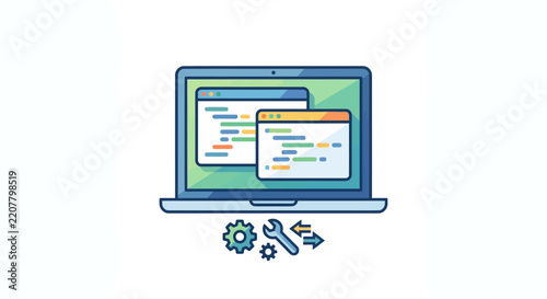 Laptop displaying programming code and software development tools in an isolated digital vector graphic.