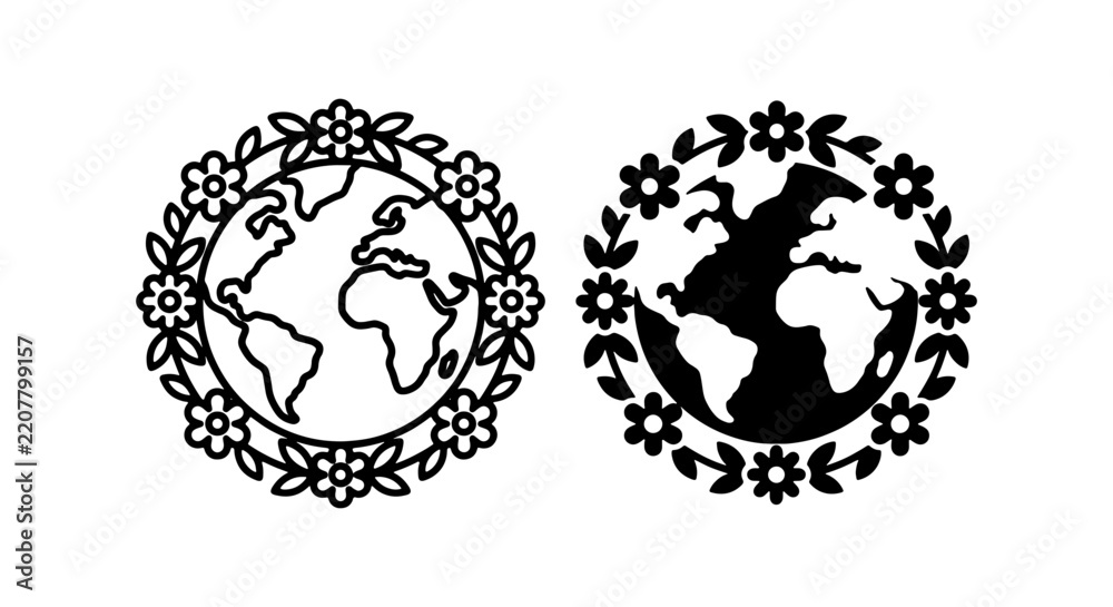 Fototapeta premium Planet Earth icons encircled by floral wreaths represent global nature conservation.