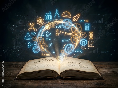 Open vintage book with glowing STEM education and science holograms rising from its pages.   