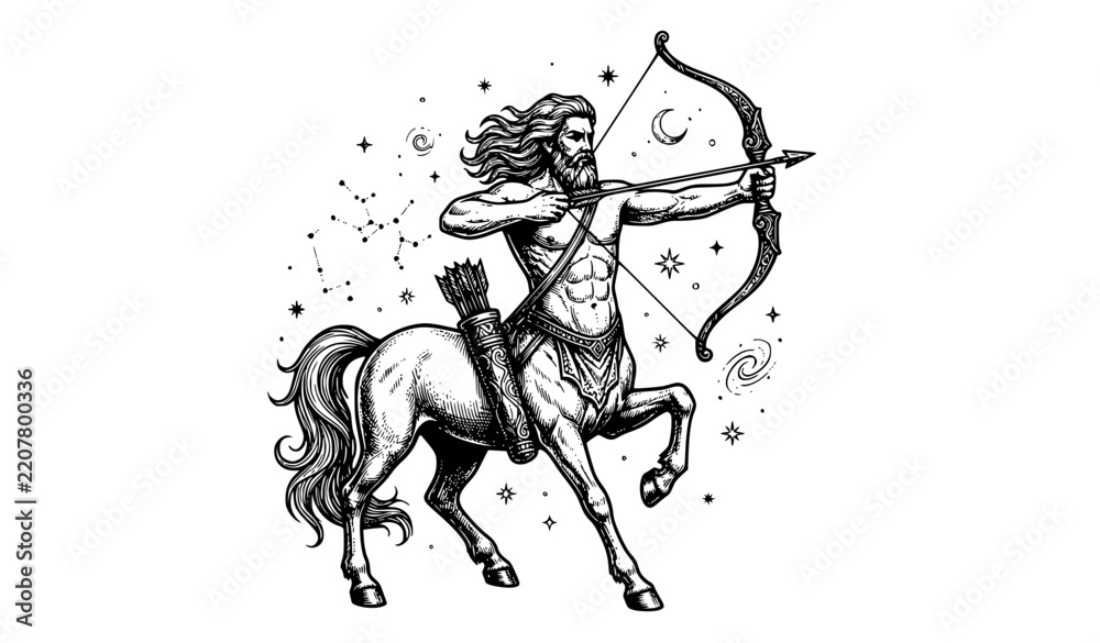 Fototapeta premium Sagittarius Centaur Archer Zodiac Engraving Vector Illustration