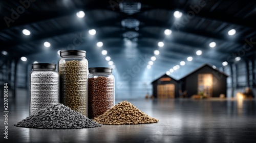 Colorful jars filled with pet food stand proudly in a spacious warehouse, creating a vibrant atmosphere of abundance