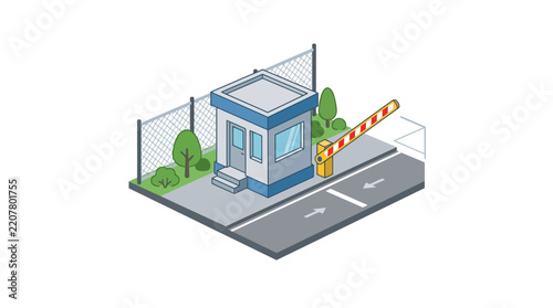 Fotografie Isometric Security Checkpoint Booth with Barrier Gate, Fence and Trees at Road E