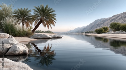 Palm trees stand by a river at dawn, reflecting mountains and stones in a desert setting
