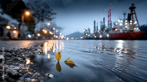 Leaves float in a puddle as city lights and ships create a moody urban scene at dusk