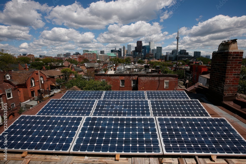 Obraz premium Solar panels across a city rooftop with brick houses, skyline towers, chimney, trees, and dramatic clouds above an urban neighborhood in Toronto Ontario