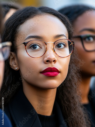 A woman with striking red lips and glasses stands confidently, highlighting her style and poise in a lively setting