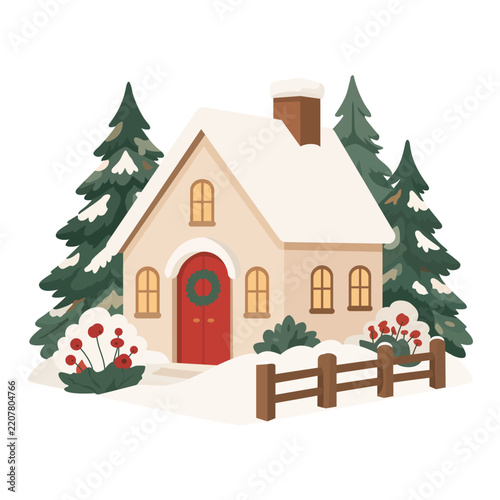 Cozy Christmas Winter House with Snow Vector