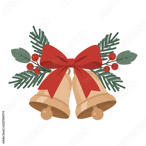 Christmas Bells with Red Bow and Evergreen Vector