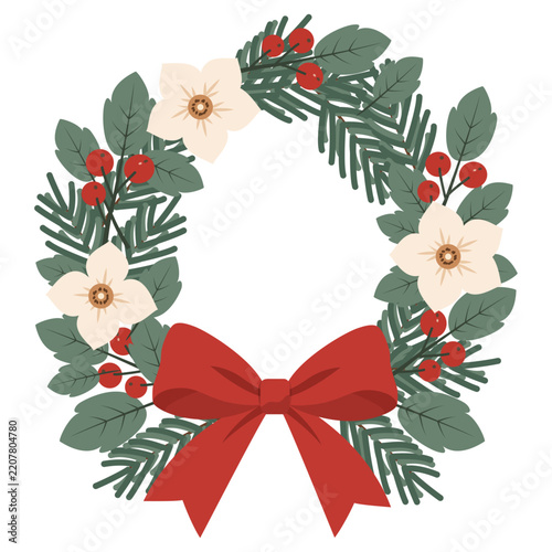 Christmas Floral Wreath with Red Bow Vector