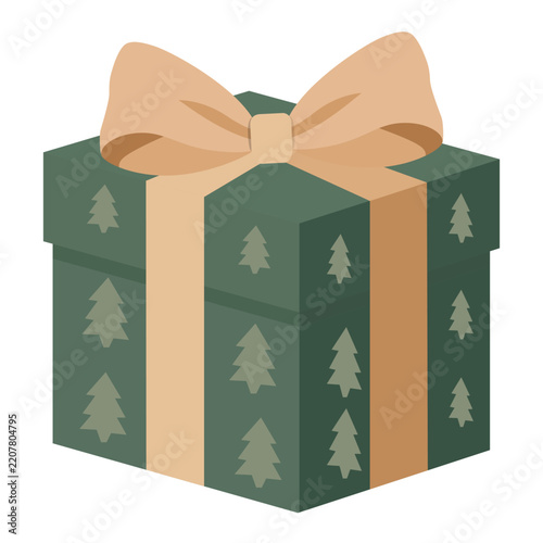 Green Christmas Gift Box with Golden Bow Vector