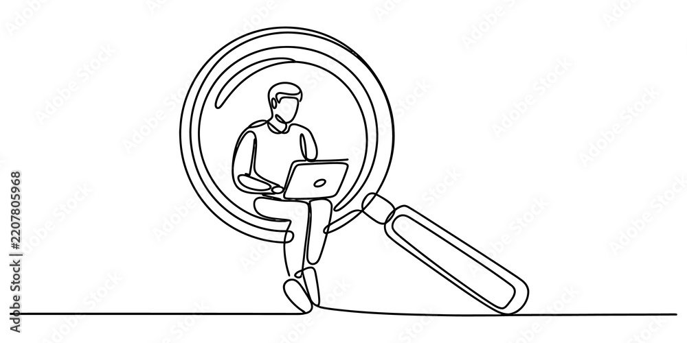 Obraz premium Continuous single line drawing of a man sitting on a magnifying glass while working on a laptop computer representing online business research isolated on transparent background, Vector