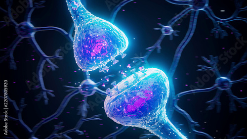Conceptual 3D illustration of neurons communicating through neurotransmitters
