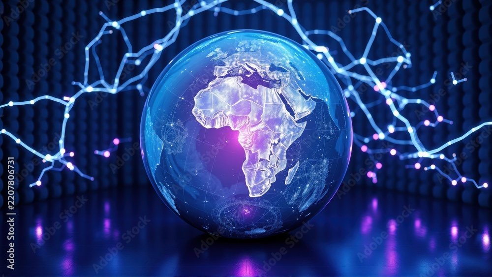Fototapeta premium Glowing globe depicts Africa, connected via bright network. Futuristic design suggests global communication, data streams. Dark background enhances visual impact.