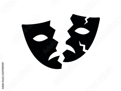 Broken theatrical mask symbolizing emotional distress and duality.