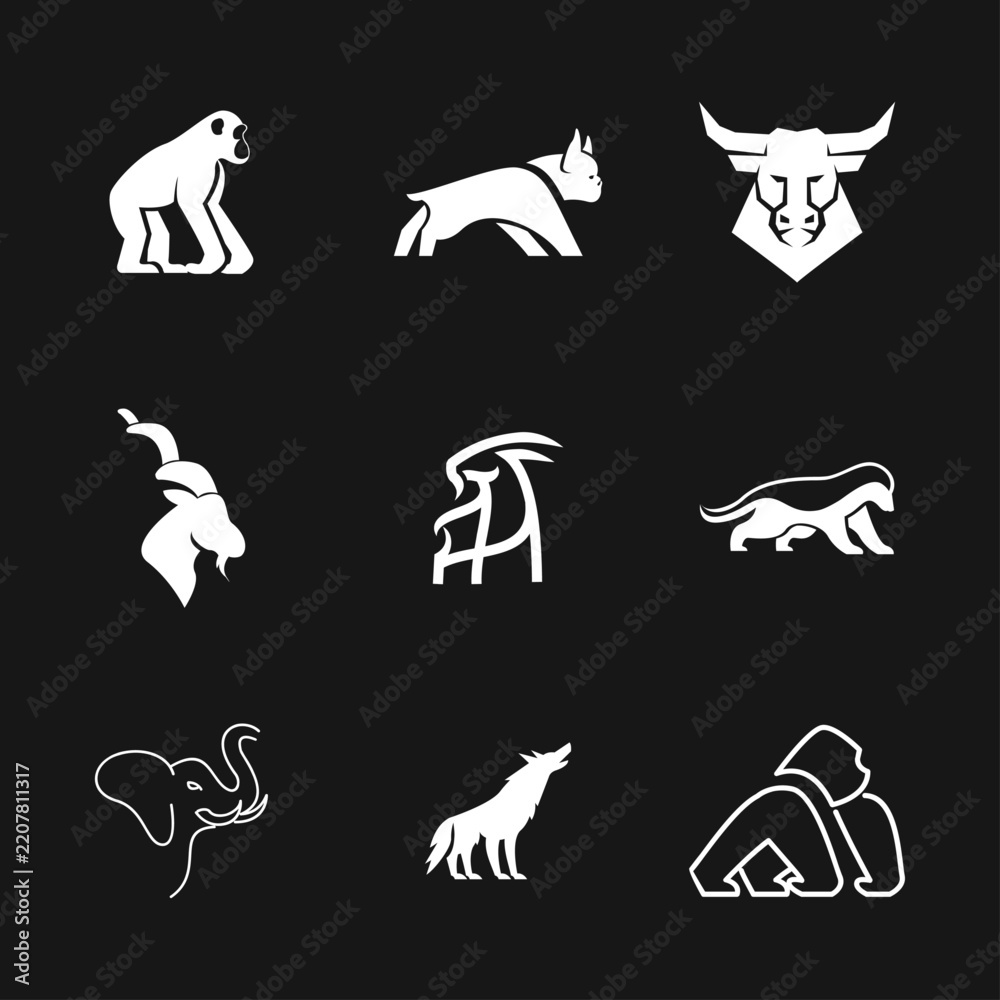 Fototapeta premium Modern Stylized Animal Logo Icon Set: Gorilla, Bull, Elephant, Wolf, Bulldog, Goat, Badger, Abstract Horse and Ape Silhouettes