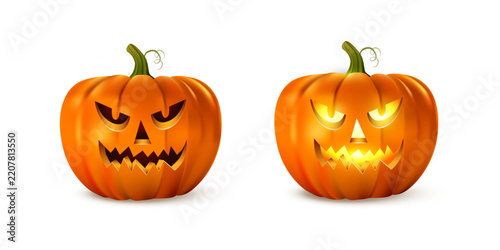 Halloween pumpkins set. Halloween glowing pumpkins on white background with carved scary, funny, spooky faces. Festive jack lantern collection in dark night style. Holiday vector illustration