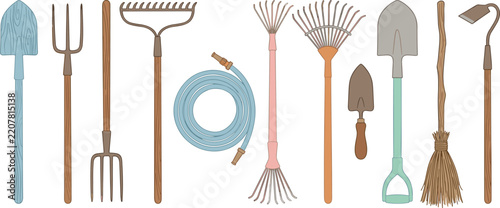Vintage Garden Tool Collection with Shovel, Rake, Pitchfork, Trowel, Broom, Hose, and Handcrafted Gardening Equipment
