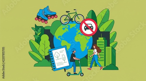 World Car Free Day illustration with sustainable urban mobility and people