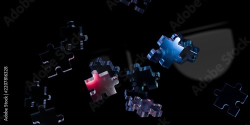 3d floating glass puzzle pieces on black background with copy space. collaboration concept for technology advertising and banner design. 3d render.