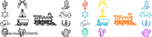 Wild west cowboy theme vector illustrations with colorful and outline designs on transparent.