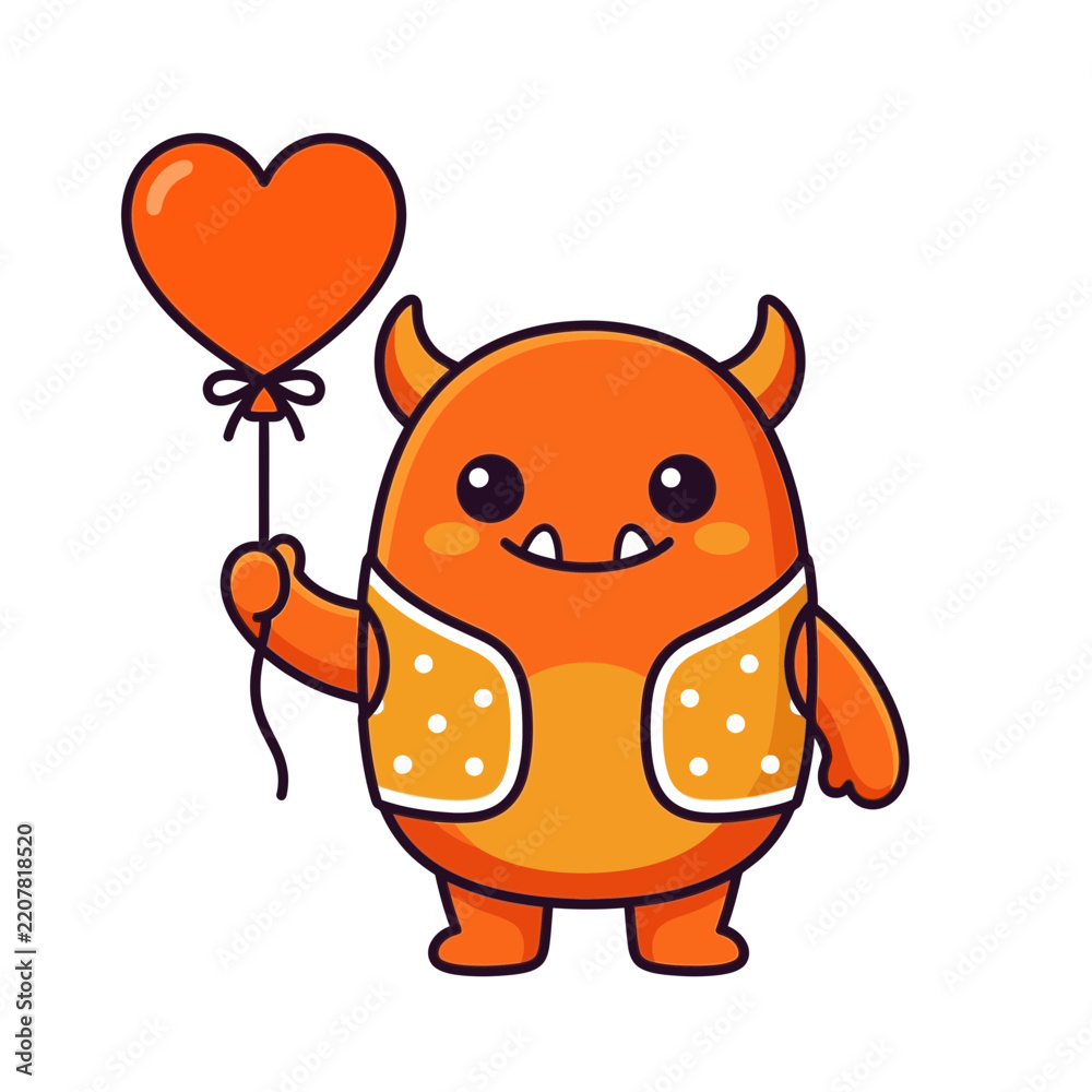 Fototapeta premium Cute orange monster holding a heart balloon