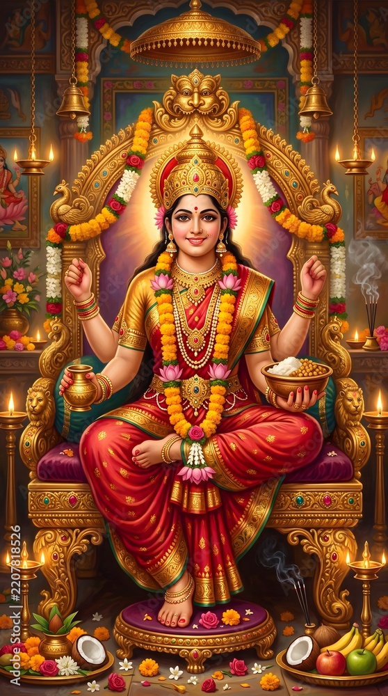 Fototapeta premium Traditional hindu goddess lakshmi sitting on an ornate golden throne with ritual offerings