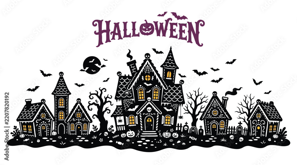 Obraz premium Spooky Halloween vector banner featuring haunted houses silhouette bats moon and magical text on white background