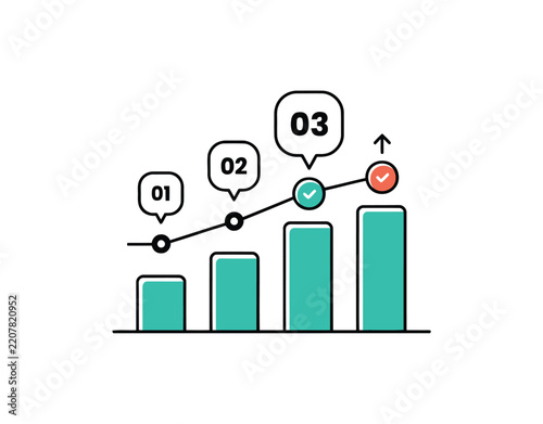 Graph icon vector bar chart with three numbered milestones